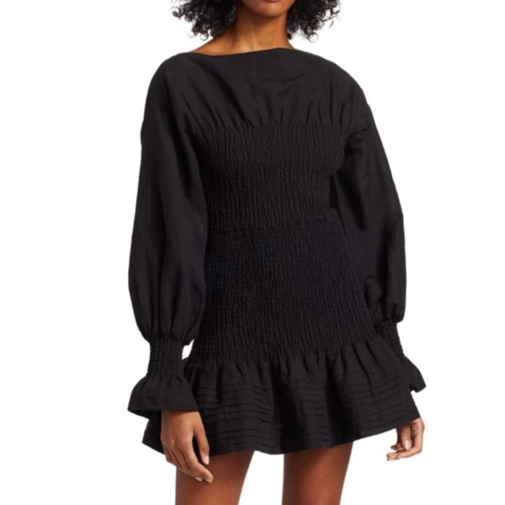 Derek Lam Collective Black Smocked Long Sleeve Ruffle Hem Cotton Mini Dress